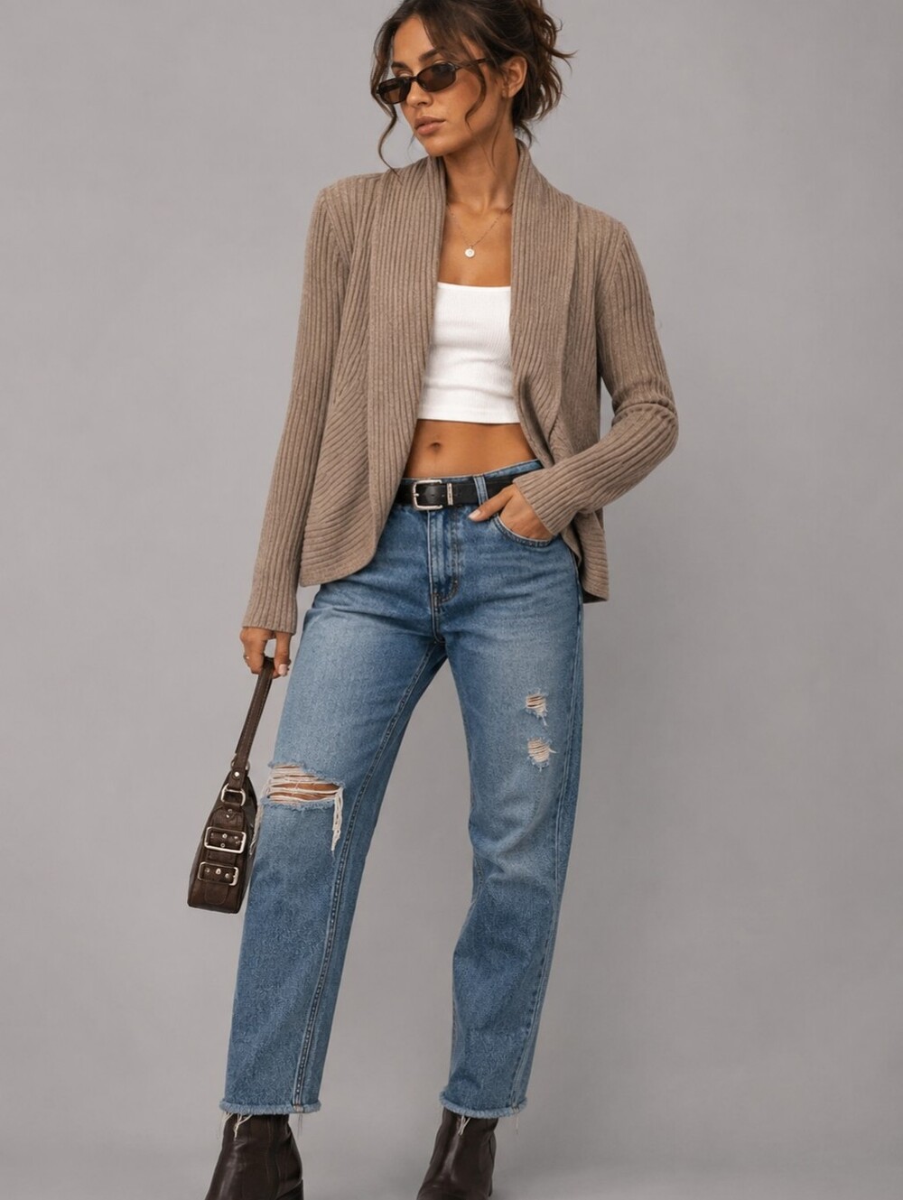 H&M Taupe Ribbed Shawl Collar Cardigan Medium Cozy Open Front Sweater